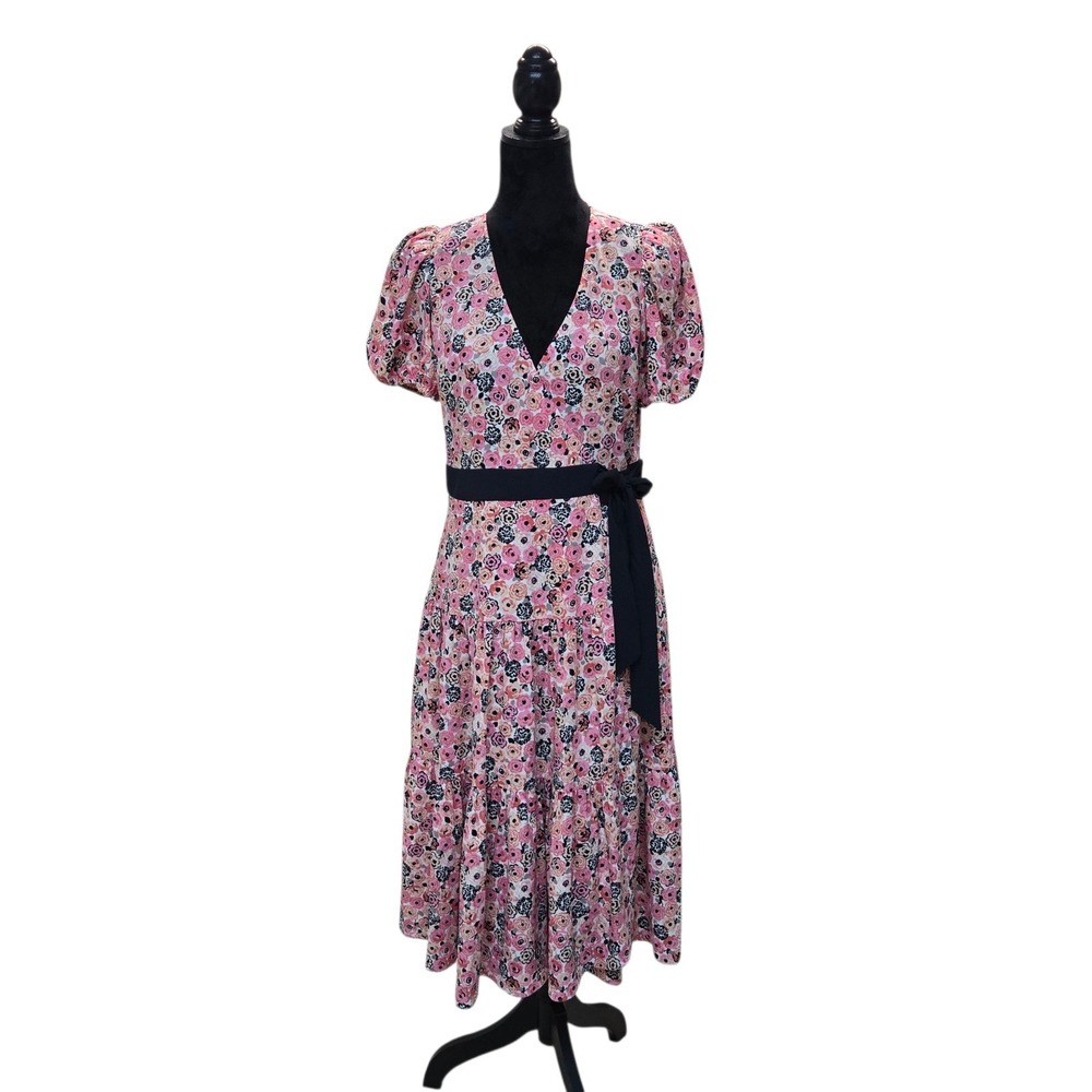 Kate Spade Rosette Blooms Floral Wrap Midi Fit To Flare Dress Women's M NWOT